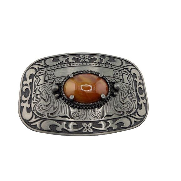 Vintage Western Belt Buckle With Semi Precious‎ Stone Silver Toned - Picture 1 of 5